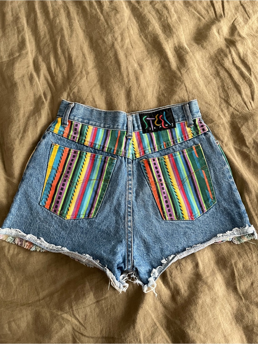 Vintage Rainbow Stripe Denim High Waisted Shorts